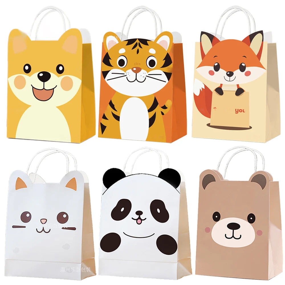 5/10/15/20/30/50pcs Cute Cartoon Animal Paper Bags with Handle Candy Snack Bag Kids Birthday Party Decoration Supplies Gifts