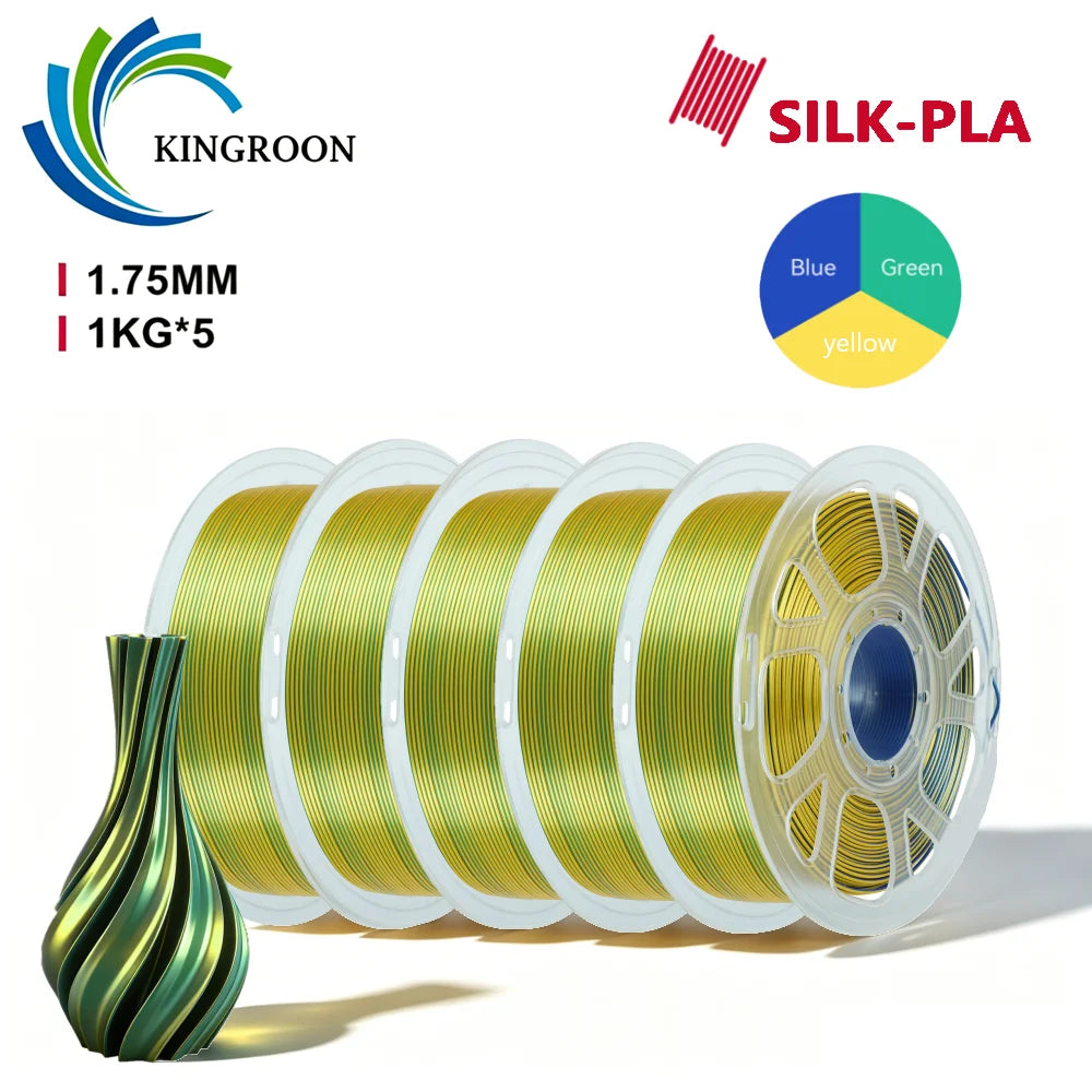 KINGROON 5KG Tricolor Silk PLA Filament For FDM 3D Printer Material 1.75mm Three Color 3D Printer Filament Fast Shipping