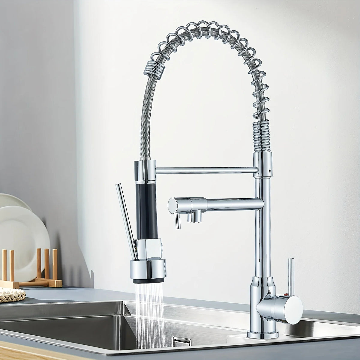 Premium Silver Kitchen Tap – Worktop-mounted Mixer Tap with 360-degree Rotating Spout – Hot and Cold Water Tap for Kitchen Sinks