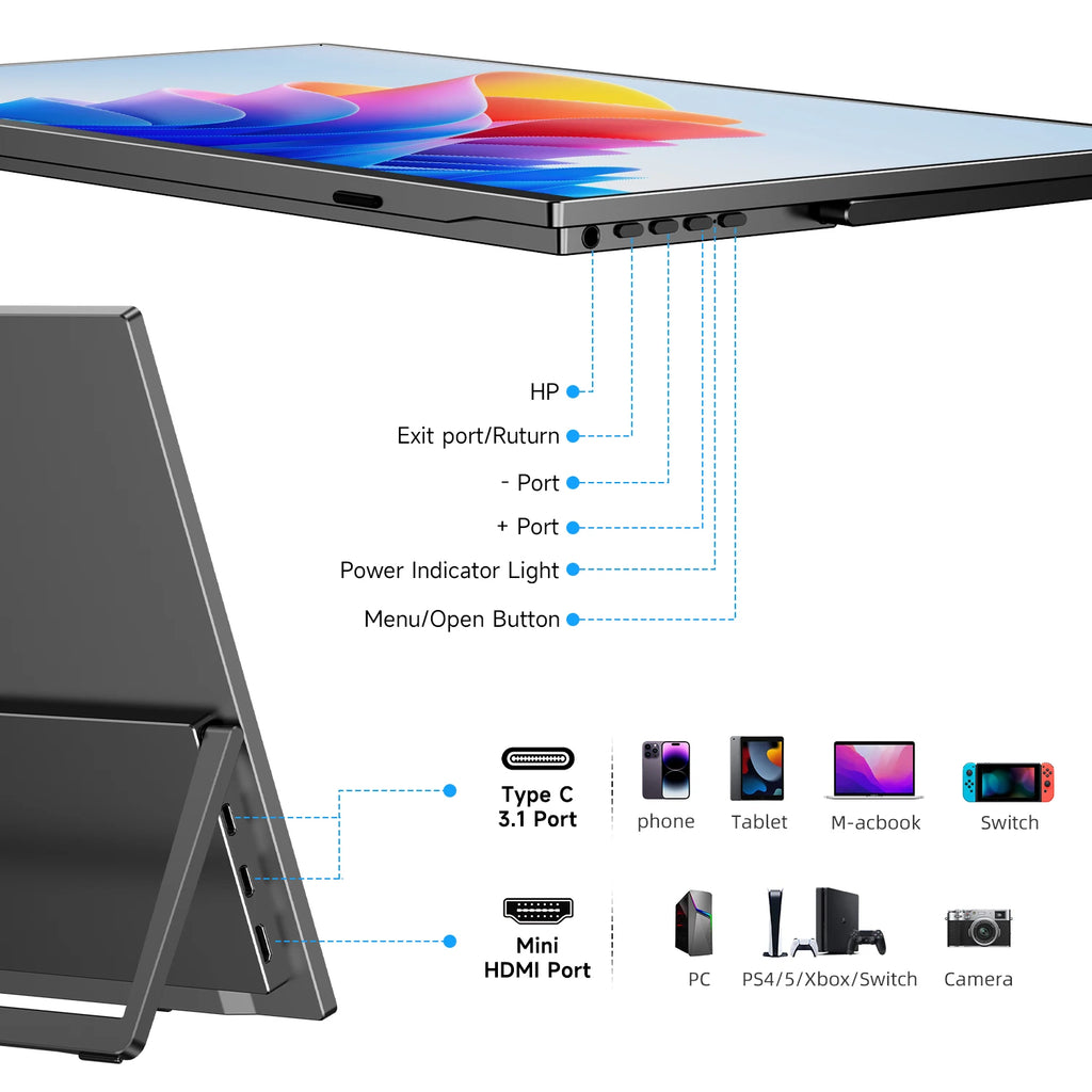 UPERFECT 15.6' 1080P Portable Monitor Touchscreen with Battery 8000mAh 100% SRGB Eye Care USB-C & MINI HDMI External Screen for Laptop MacBook Phone PS5 Switch Xbox