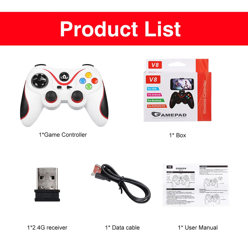 V8 2.4G Wireless Game Controller Gaming Joystick BT Gaming Controller Dual Vibration for Android/iOS/PC/PS3/Switch/Mobile Phone