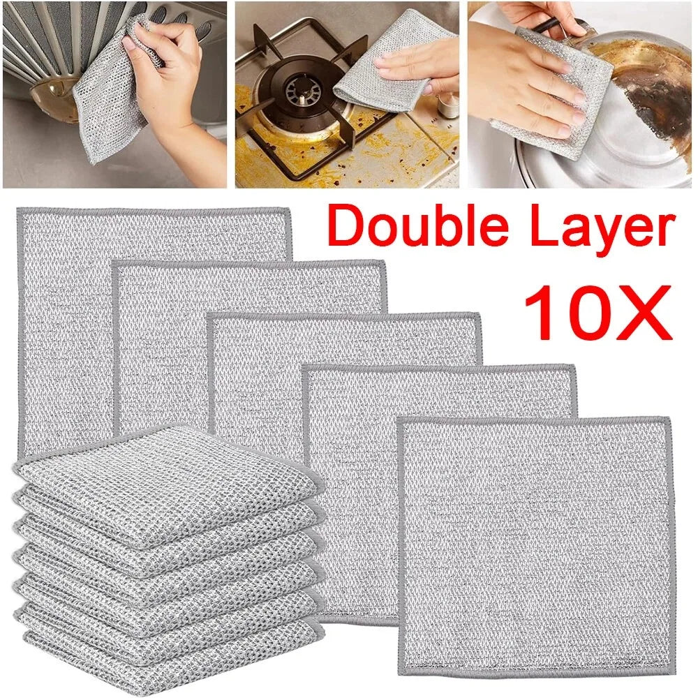 10Pcs Wire Miracle Cleaning Cloth for Kitchen Non-Scratch Metal Wire Dishwashing Rag Double Layer Wet Dry Pot Scrubber Silver