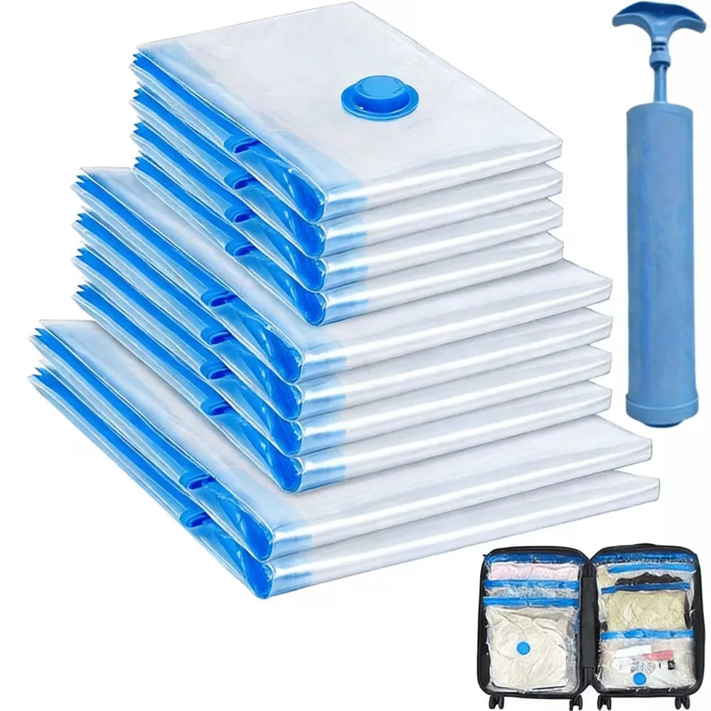 11Pcs Vacuum Storage Organizer Bags, Travel Suitcases Essentials, Wardrobe Clothes Compression Packaging Sealing Bag Camping Equipment(4 Small Sizes, 4 Medium Sizes, 2 Large Sizes and 1 Pump)