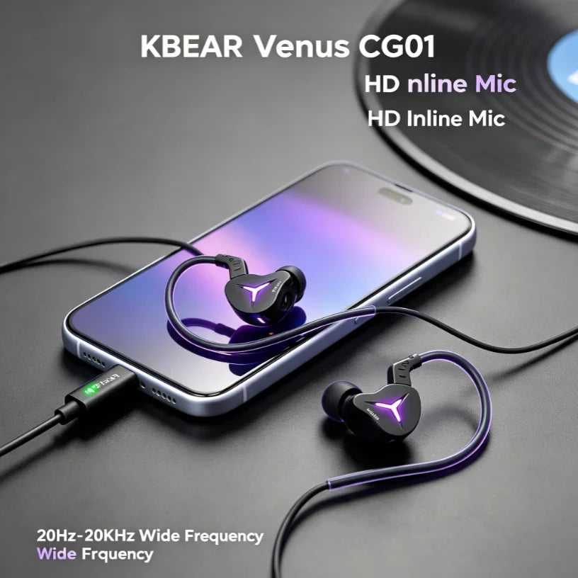 KBEAR Venus CG01 Earphones Wired In Ear Headphones With LED Lighting 10mm PU LCP Composite Dynamic Driver HIFI Sound Type C Gaming Headsets Noise Isolating Earbuds With Microphone For PC Mobile Music Gaming Daily Use