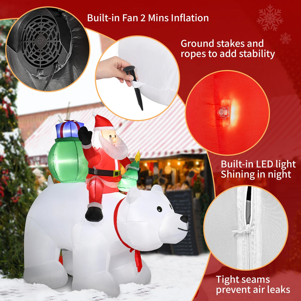 Santa Claus Christmas Decoration, 6ft Light Up Inflatable Santa Rides Polar Bear with 7 LED Lights, Outdoor Garden Christmas Decoration, 180cm