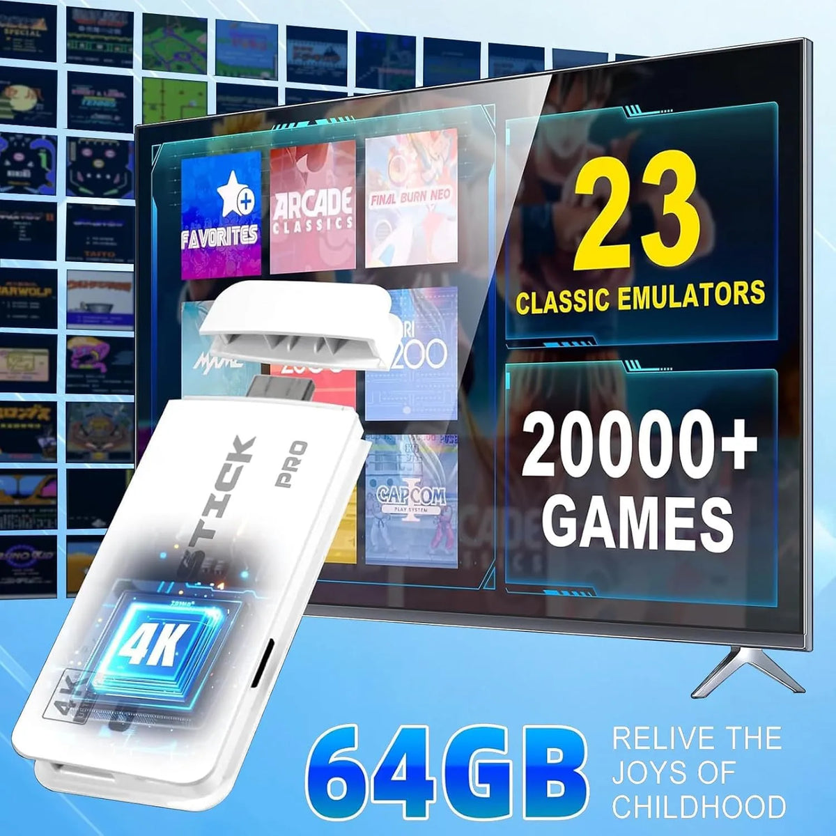 64GB, Wireless 4K Built-in Games HDMI TV Game Stick Console X2 Wireless Gamepad
