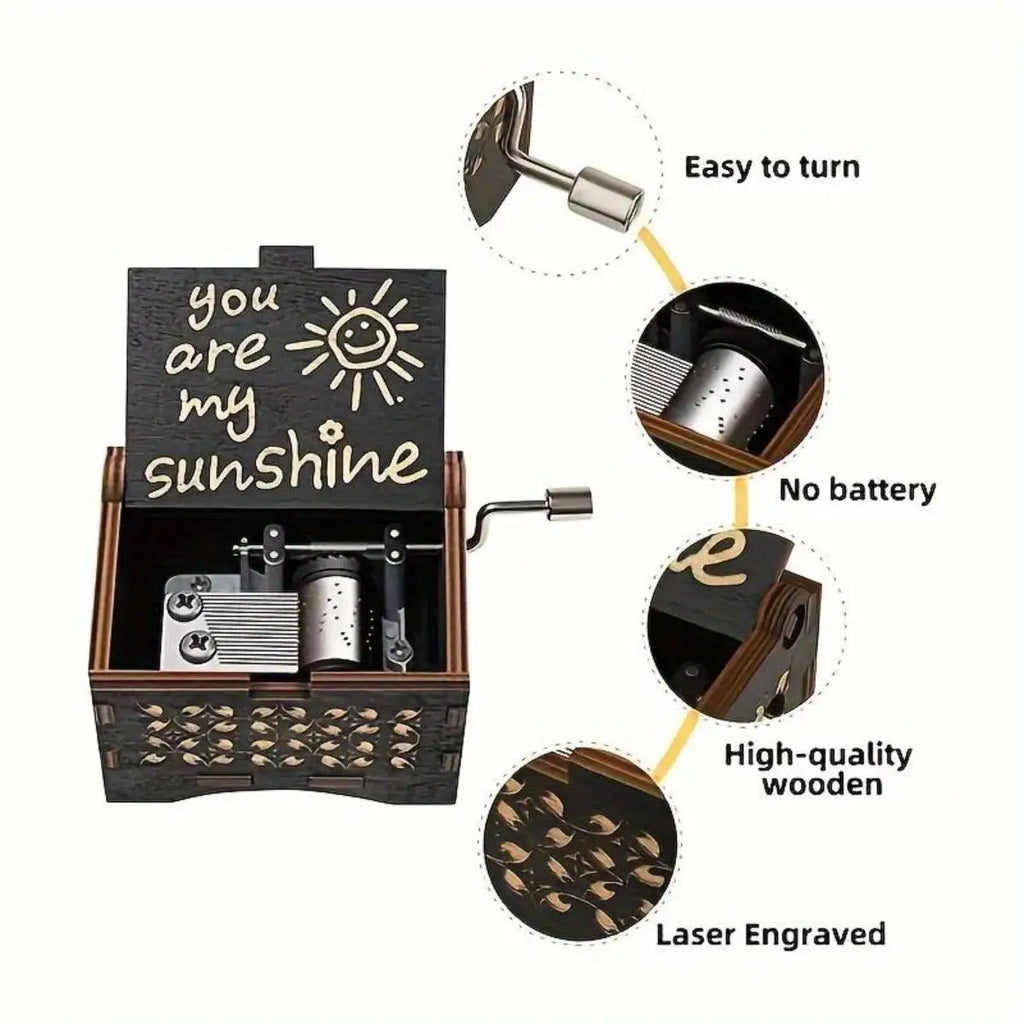 Wooden Hand Crank Music Box You Are My Sunshine DIY Gift for Valentine's Day Birthday Party Surprise for Couple Friends 1PC