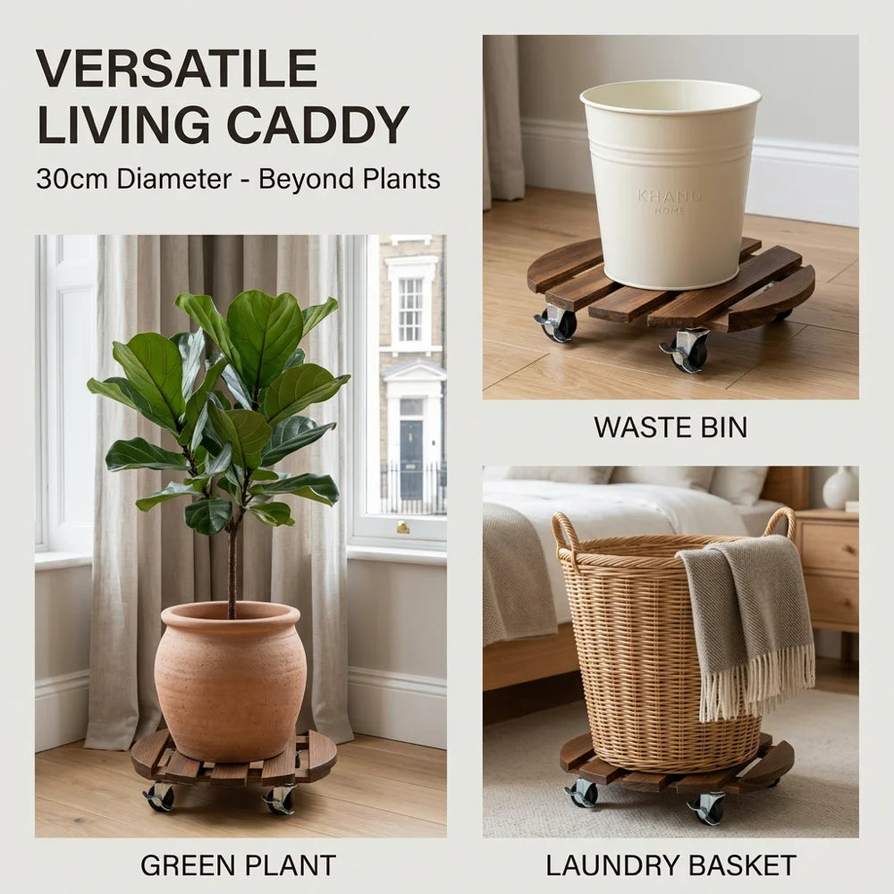 2 Pack Plant Trolley with Lockable Wheels 120kg Capacity Carbonised Timber Deck 360° Swivel Casters Dark Brown