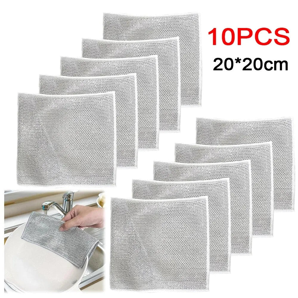 10Pcs Wire Miracle Cleaning Cloth for Kitchen Non-Scratch Metal Wire Dishwashing Rag Double Layer Wet Dry Pot Scrubber Silver