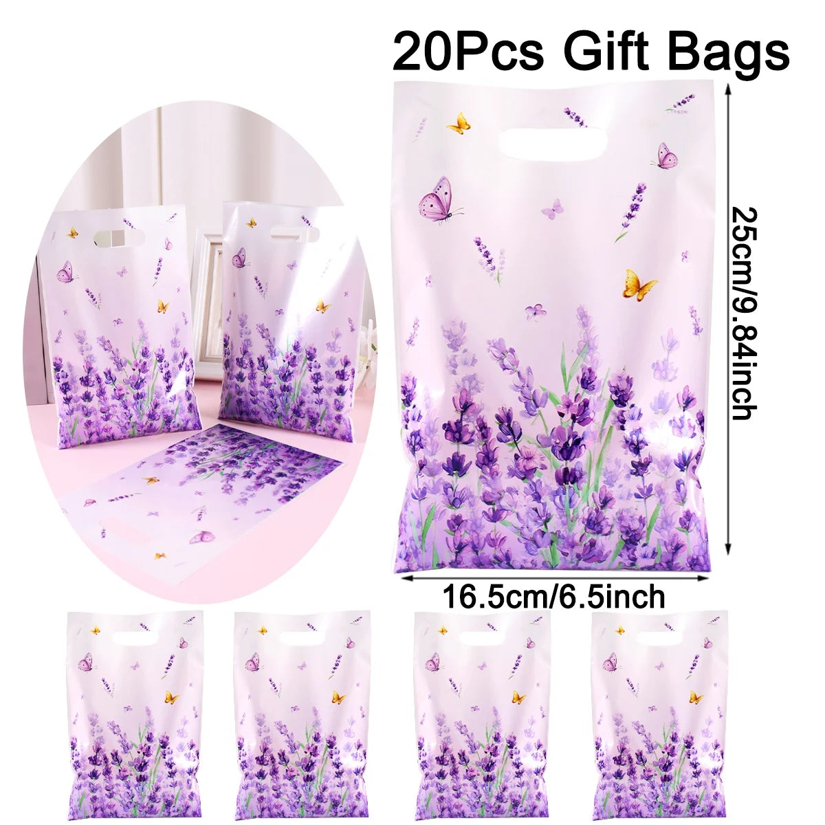 10/20/50Pcs Lavender Gift Bags Plastic Gift Tote Bags Spring Birthday Party Decoration Wedding Party Supplies for Gift Wrapping