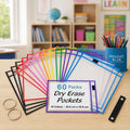 60pcs Reusable Dry Erase Pockets, A4 Plastic Sheet Protectors With 2 Metal Binder Rings, Write & Wipe Document Sleeves For Office, Teacher School Supplies