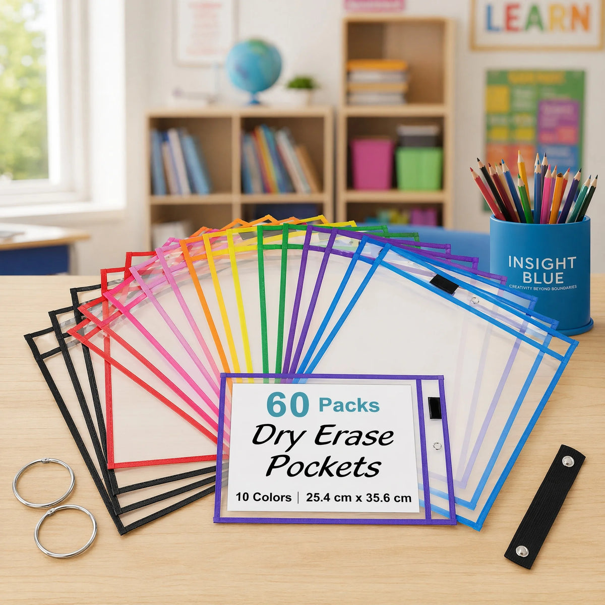 60pcs Reusable Dry Erase Pockets, A4 Plastic Sheet Protectors With 2 Metal Binder Rings, Write & Wipe Document Sleeves For Office, Teacher School Supplies