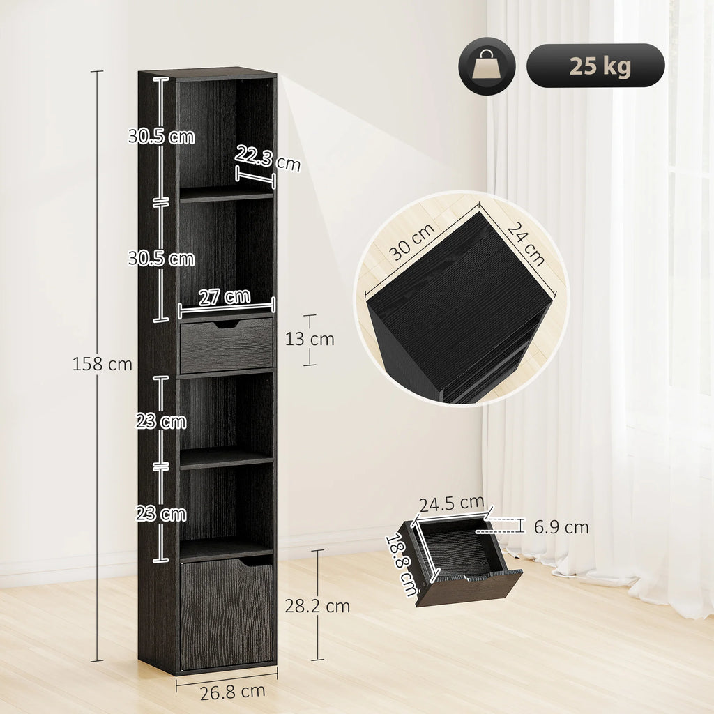 HOMCOM 6-Tier Bookcase with Drawer, Door Tall Narrow Bookshelf with Storage