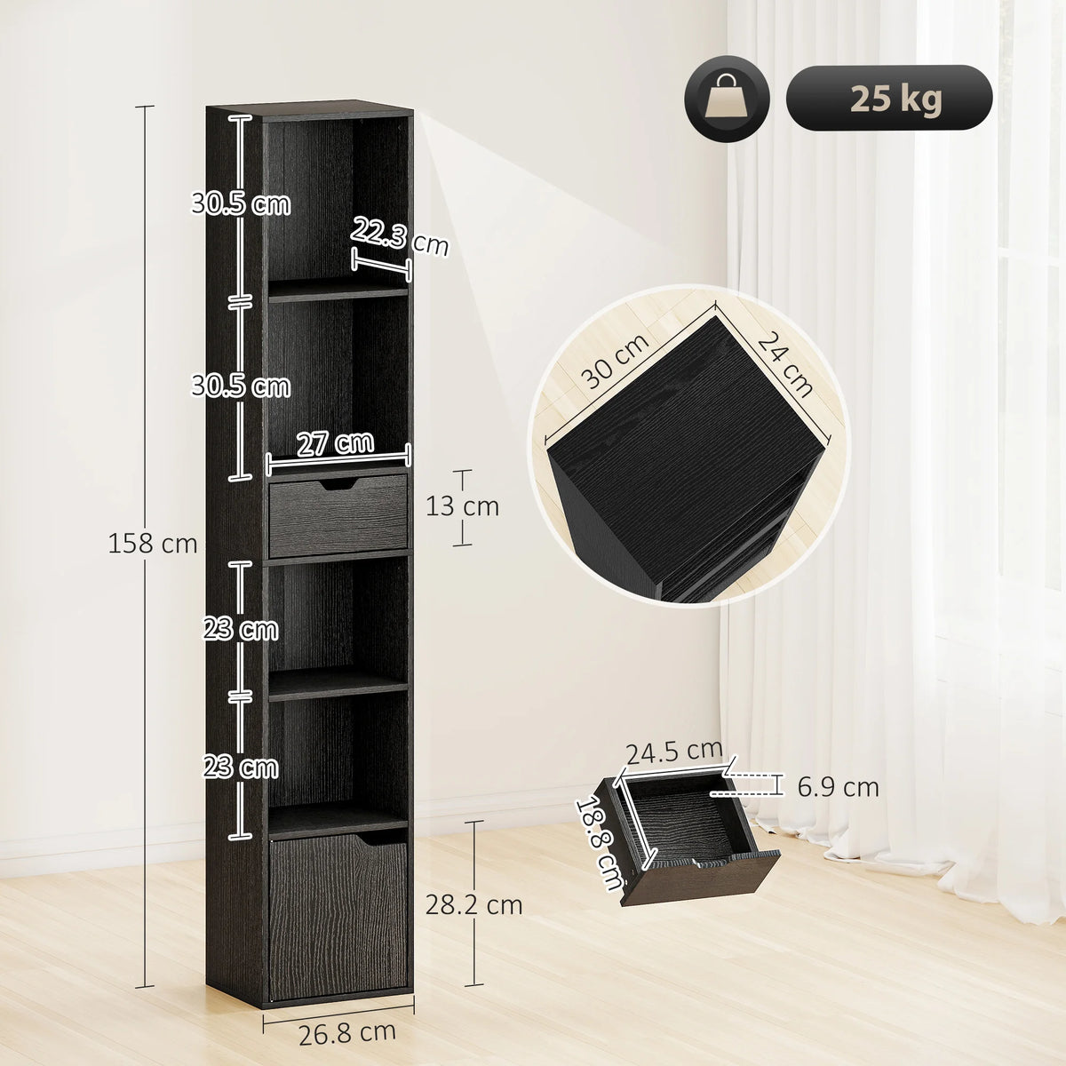 HOMCOM 6-Tier Bookcase with Drawer, Door Tall Narrow Bookshelf with Storage