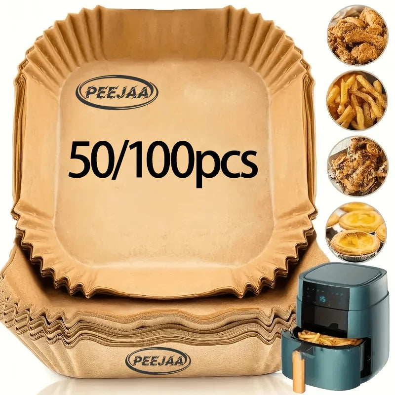 50/100 Sheets of Air Fryer baking Tray Paper - Non Stick, Disposable, Pre Cut baking Tray, Heat-Resistant, Suitable for Air Fryers, Ovens, Microwaves, Grills - Easy to Clean, Food Grade, Multifunctional Kitchen, Household and