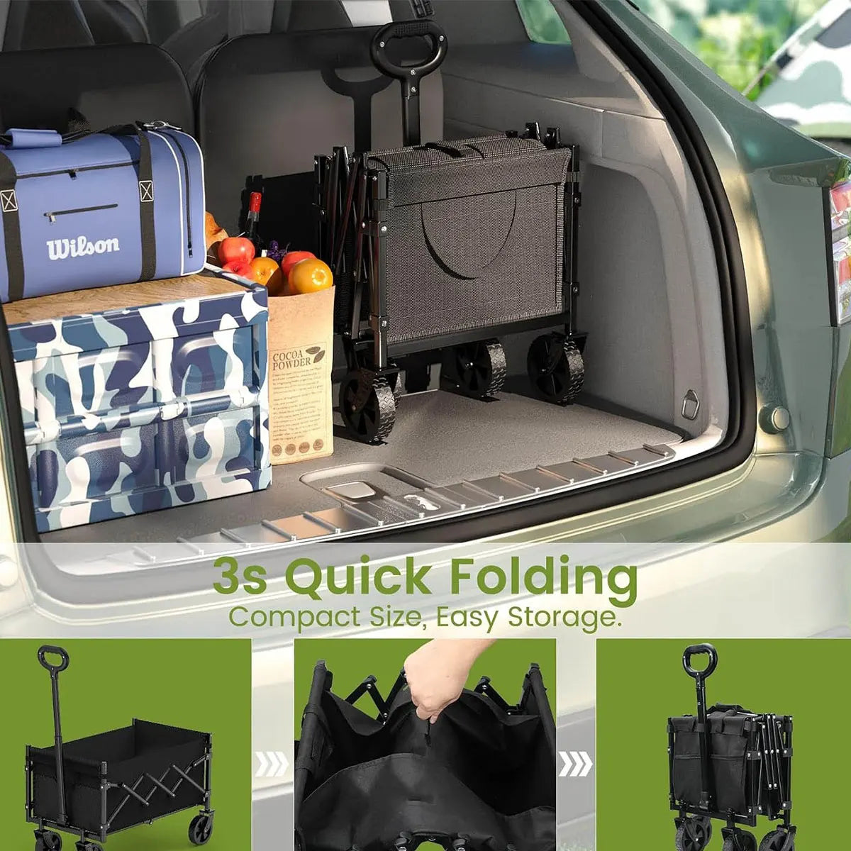 Heavy Duty Collapsible Folding Wagon, Portable Outdoor Camping Cart, Utility Trolley for Picnic Beach Garden Shopping Grocery Transport