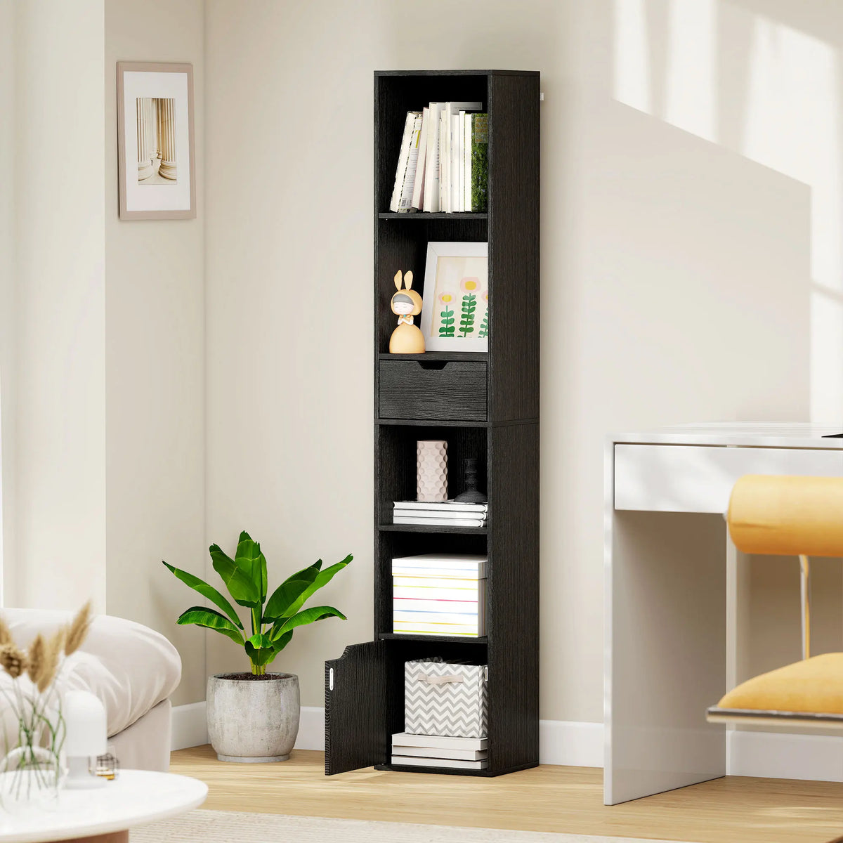 HOMCOM 6-Tier Bookcase with Drawer, Door Tall Narrow Bookshelf with Storage