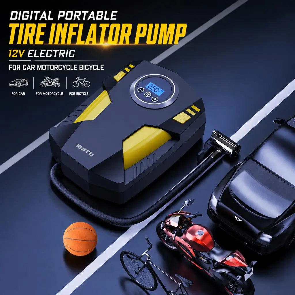 Car Tire Inflator Pump, Digital Portable Tire Air Compressor Pump, 12V Electric with LED Light, Suitable for Cars, Motorcycles, Bicycles, UK