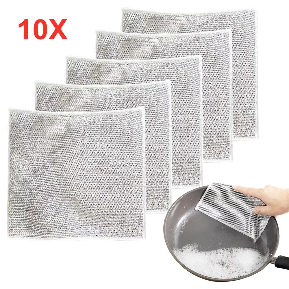 10Pcs Wire Miracle Cleaning Cloth for Kitchen Non-Scratch Metal Wire Dishwashing Rag Double Layer Wet Dry Pot Scrubber Silver