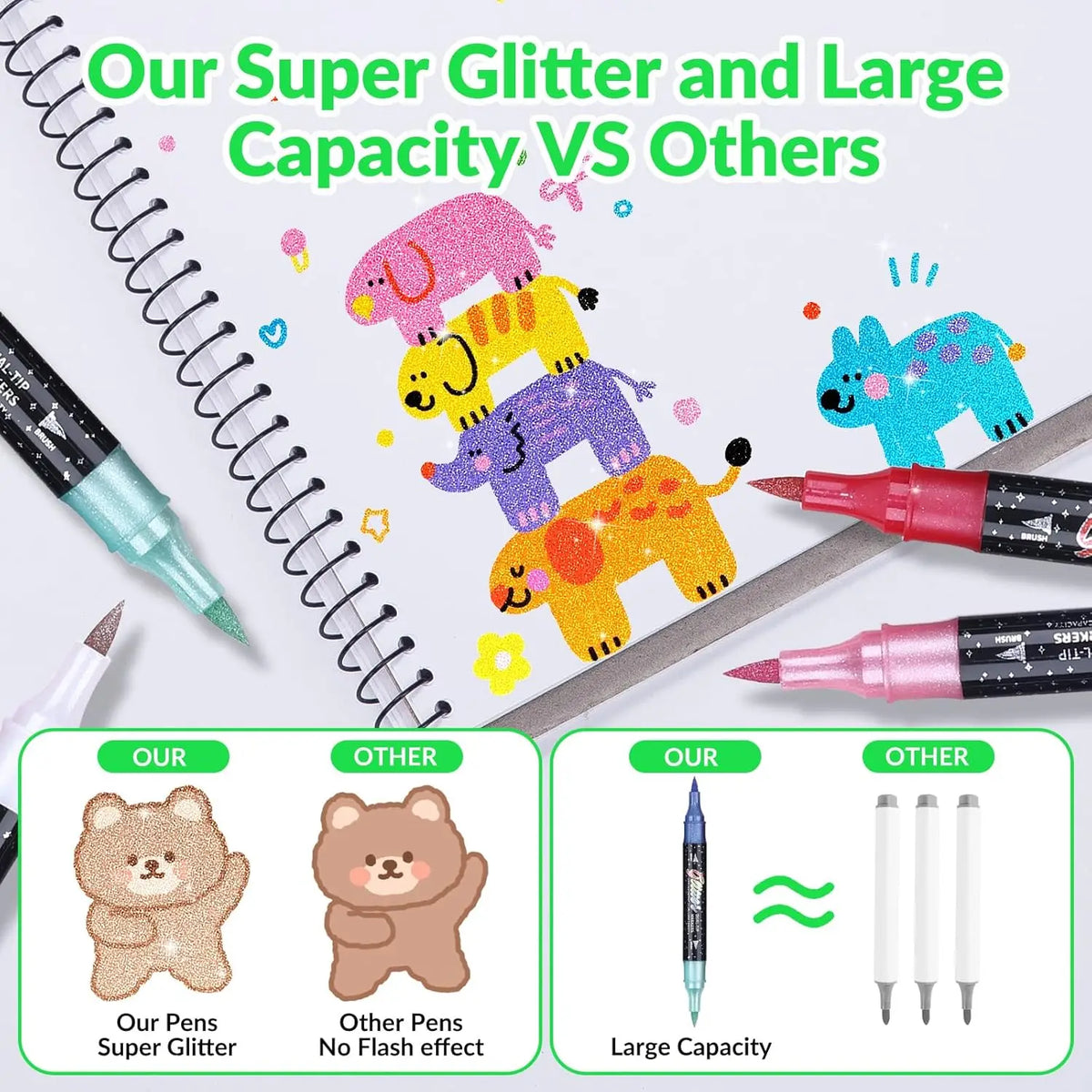 48pcs Dual-Tip Glitter Water-Based Ink Markers - Office Stationery Writing Tools with Consistent Ink Flow, High Detail, Metallic Shine, Thick Tip for Filling Large Areas, Glitter Effect for DIY Lovers, Greeting Cards