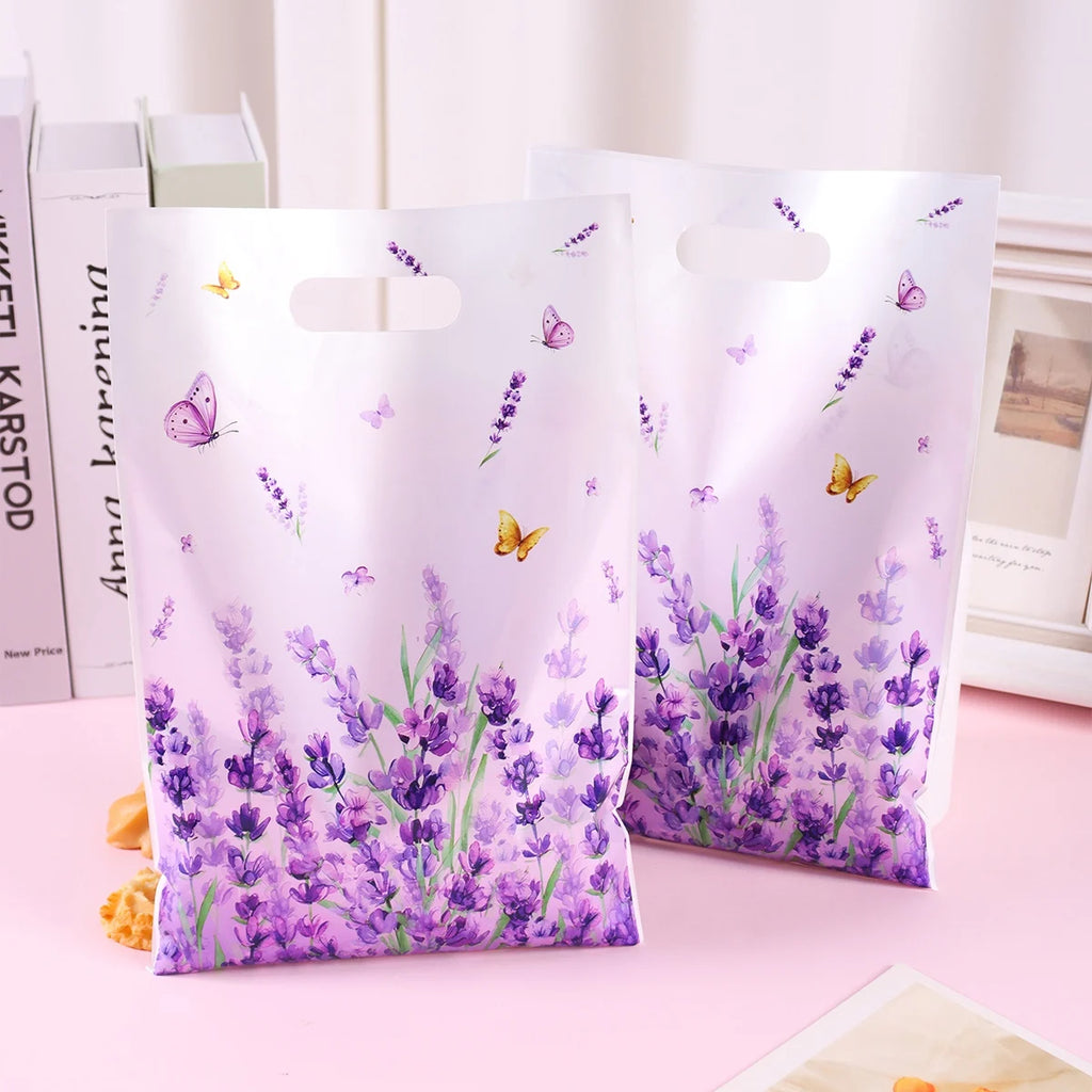 10/20/50Pcs Lavender Gift Bags Plastic Gift Tote Bags Spring Birthday Party Decoration Wedding Party Supplies for Gift Wrapping