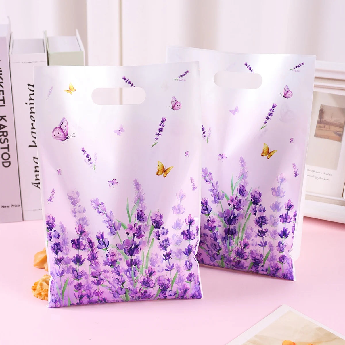10/20/50Pcs Lavender Gift Bags Plastic Gift Tote Bags Spring Birthday Party Decoration Wedding Party Supplies for Gift Wrapping