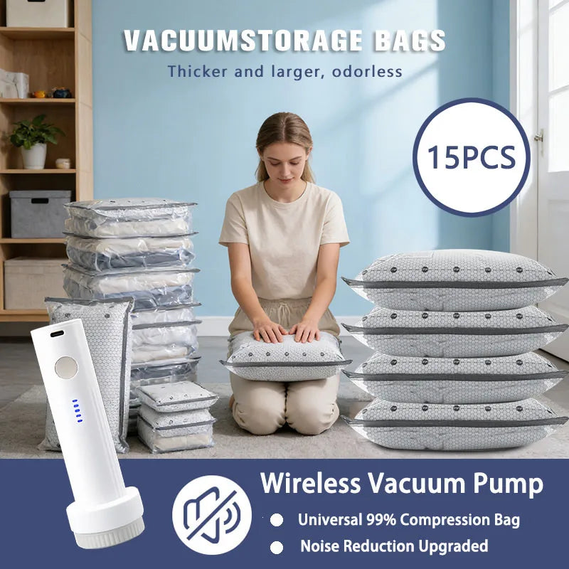 6/9/15pcs Vacuum Storage Bags, Comes with a Rechargeable Electric Pump for Travel. Low Noise, Portable and lightweight, Perfect for Trips. Compresses Clothes to Save Space, Ideal for Organizing Suitcases and Wardrobes.