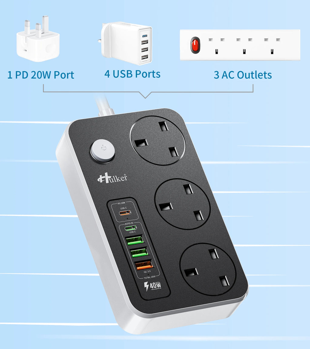 Power Strips with USB ports 3 Way Outlets 5 USB Ports Power Socket with 2M Bold Extension Cord Smart USB Charger UK Socket