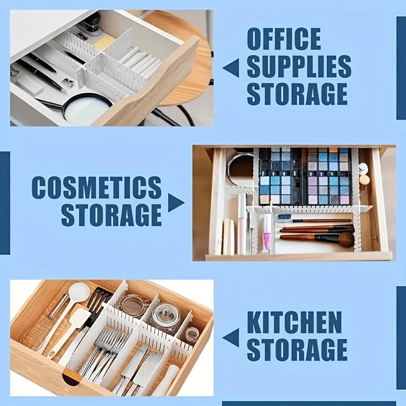 12pcs Adjustable Drawer Partitions - White, Thick PP Plastic, DIY Free Cutting, With Fixed Buckles to Prevent Tipping, Suitable for Wardrobe/Kitchen/Office, Non Slip Storage.