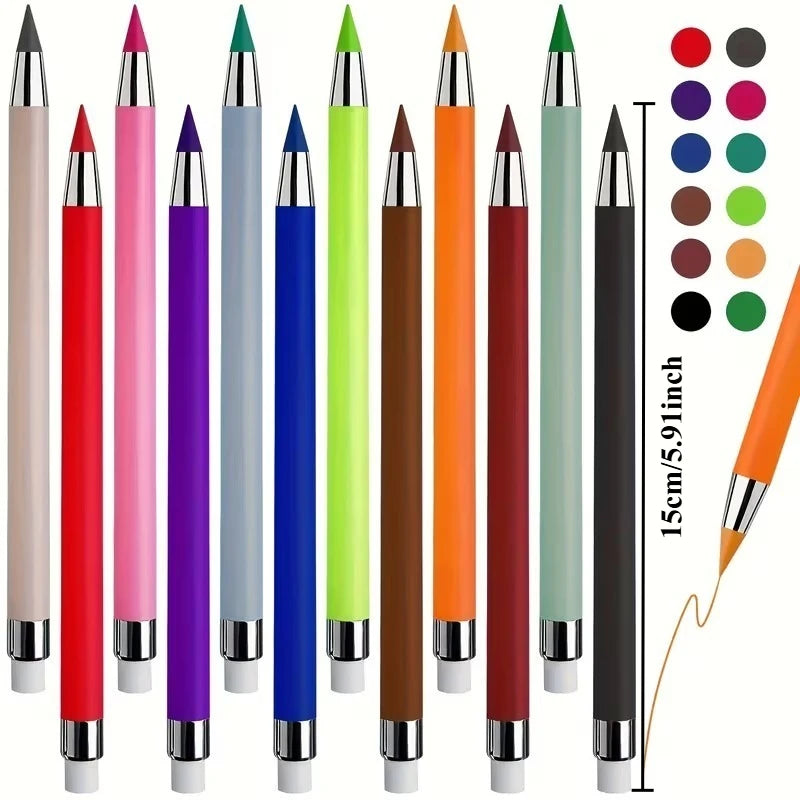 12Pcs Eternal Inkless Colored Pencils Set Never Need Sharpening 12 Vibrant Colors Reusable for Sketching Drawing School Supplies