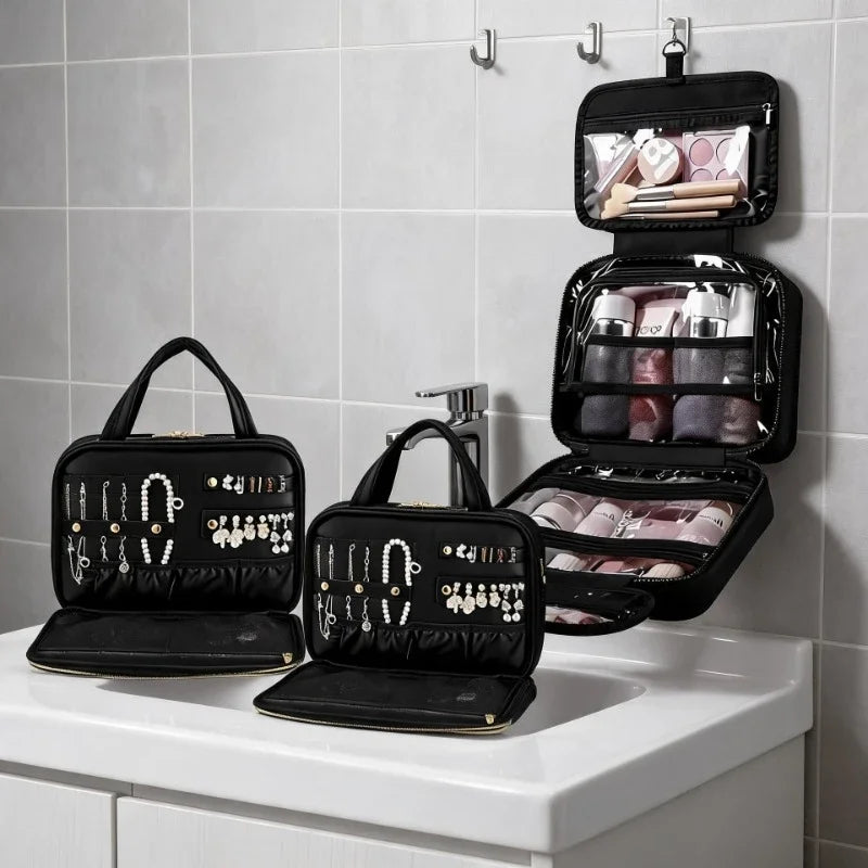 Hanging Travel Toiletry Bag Women Cosmetic Makeup Case with Jewelry Pocket Portable Wash Organizer for Vacation Trip Gym Beach