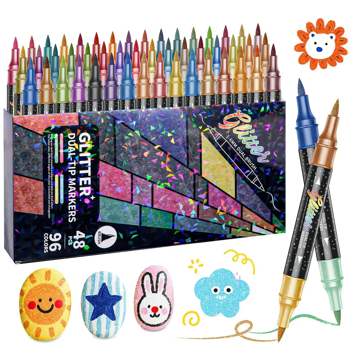 48pcs Dual-Tip Glitter Water-Based Ink Markers - Office Stationery Writing Tools with Consistent Ink Flow, High Detail, Metallic Shine, Thick Tip for Filling Large Areas, Glitter Effect for DIY Lovers, Greeting Cards