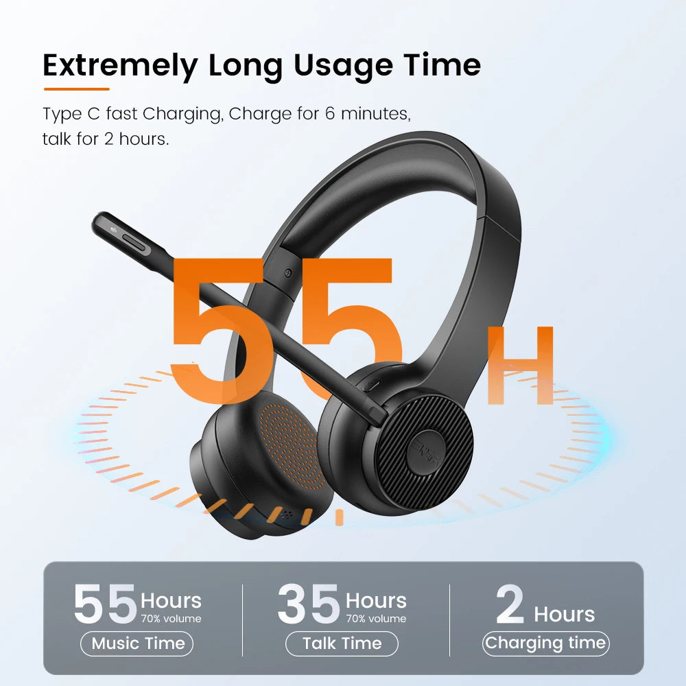 EKSA H16 Bluetooth Headset Wireless Headphones with ENC Noise Cancelling Microphone USB Dongle 35H Talk Time Multipoint Stereo Sound for PC Office Calls