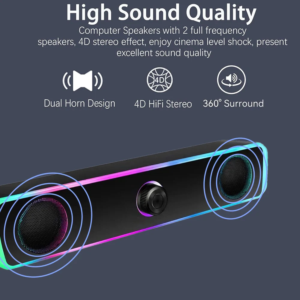 Portable RGB Desktop Soundbar, 2.0 Channel Stereo Dynamic RGB Computer Speakers Desktop Knob Control USB Powered Bluetooth Wired
