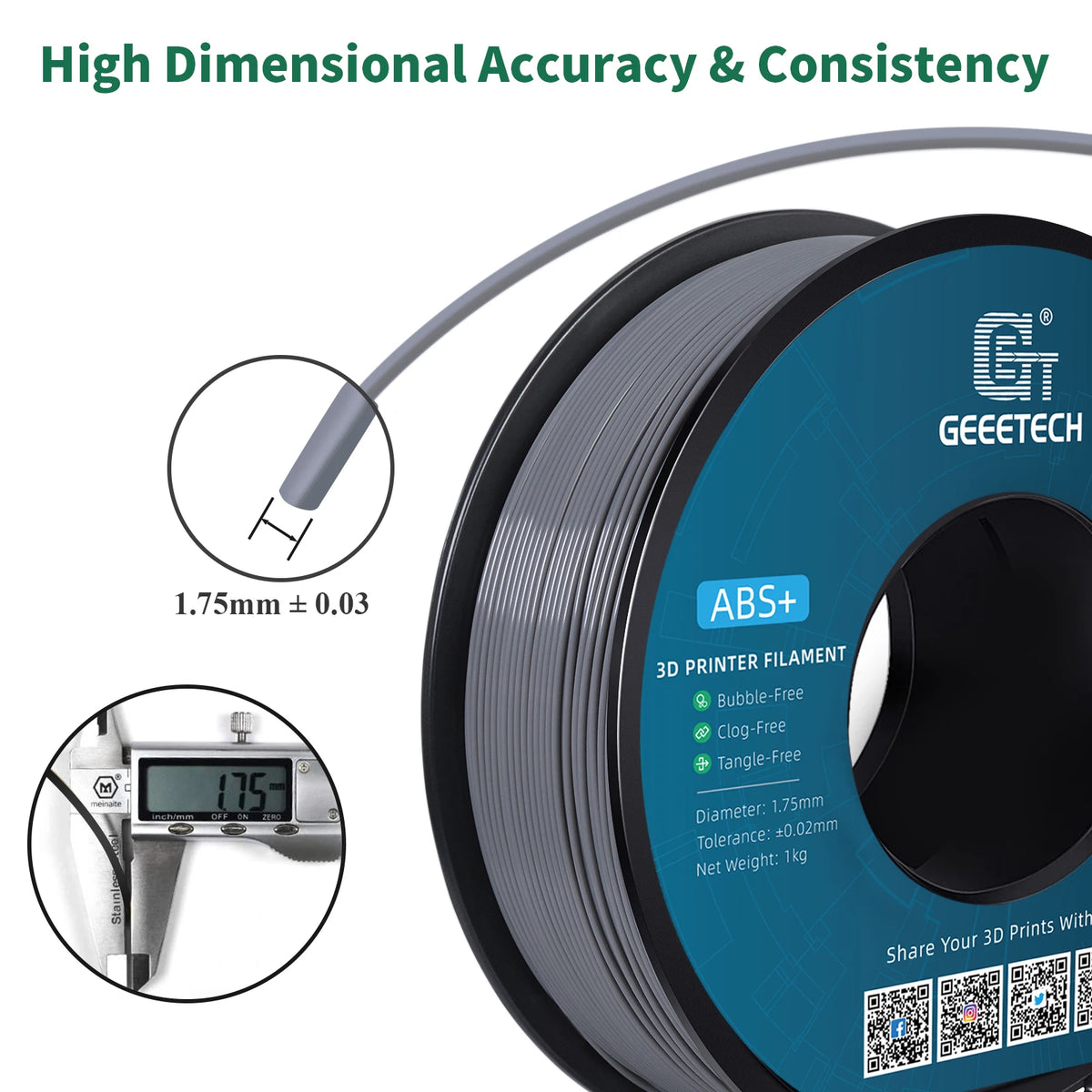Geeetech ABS+3D Filament 1.75mm 1KG Plastic, 3D Printer Material, Tangle-Free, Non-Toxic, Vacuum Packaging White Black Red Blue