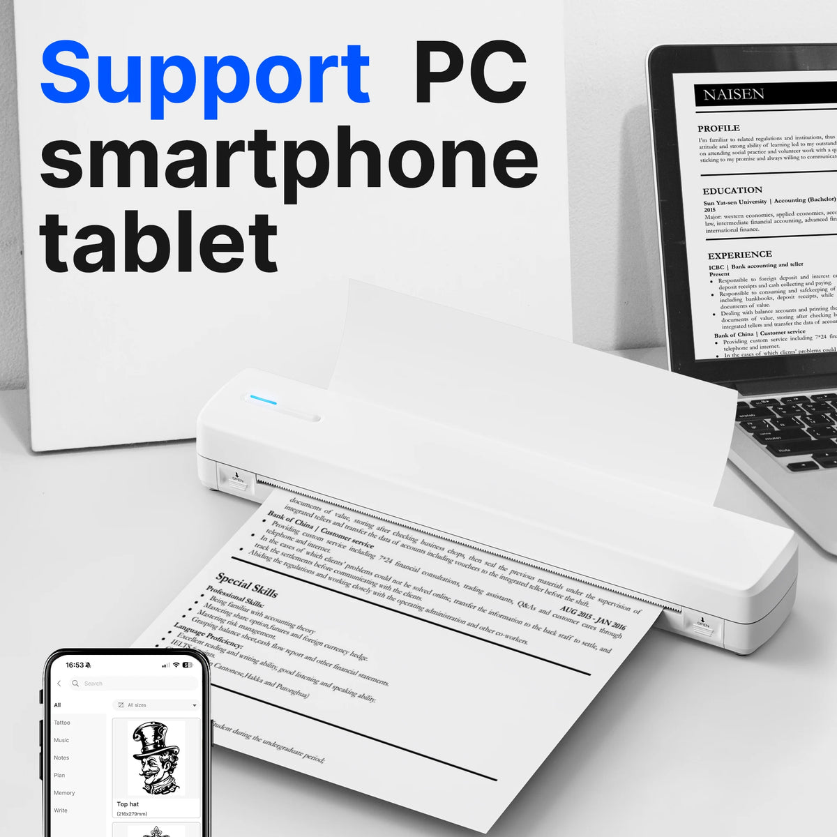 8-inch Wireless Portable Thermal Mini Printer Compatible With Phone And PC. Support US Letter&A4, Small Mobile Travel Printer For Home, Travel, Outdoor Use, And Tattoo Creation(with 20pcs Thermal )，Thermal paper can be purc