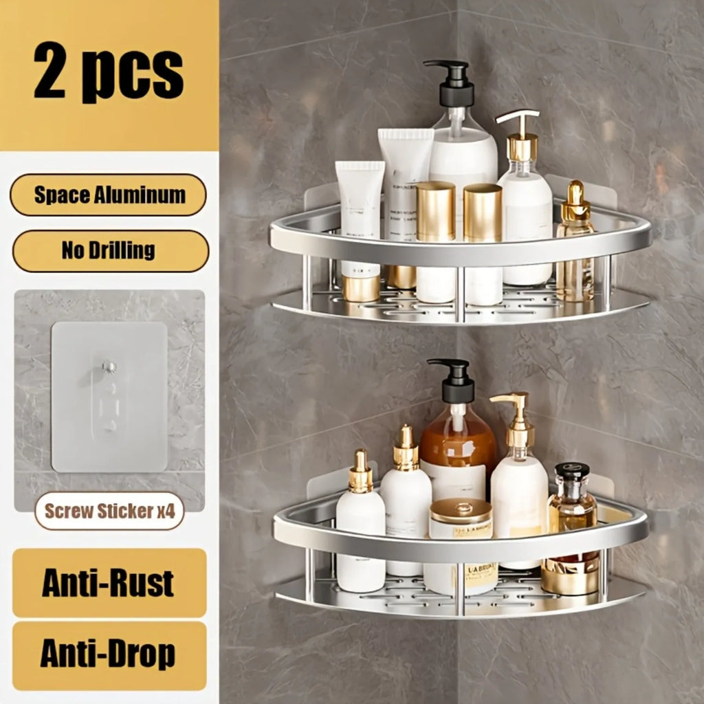 2Pcs Aluminum Corner Shower Storage Shelves No-drill Wall-mounted Bathroom Storage Box Triangular Suitable for Shower Rack