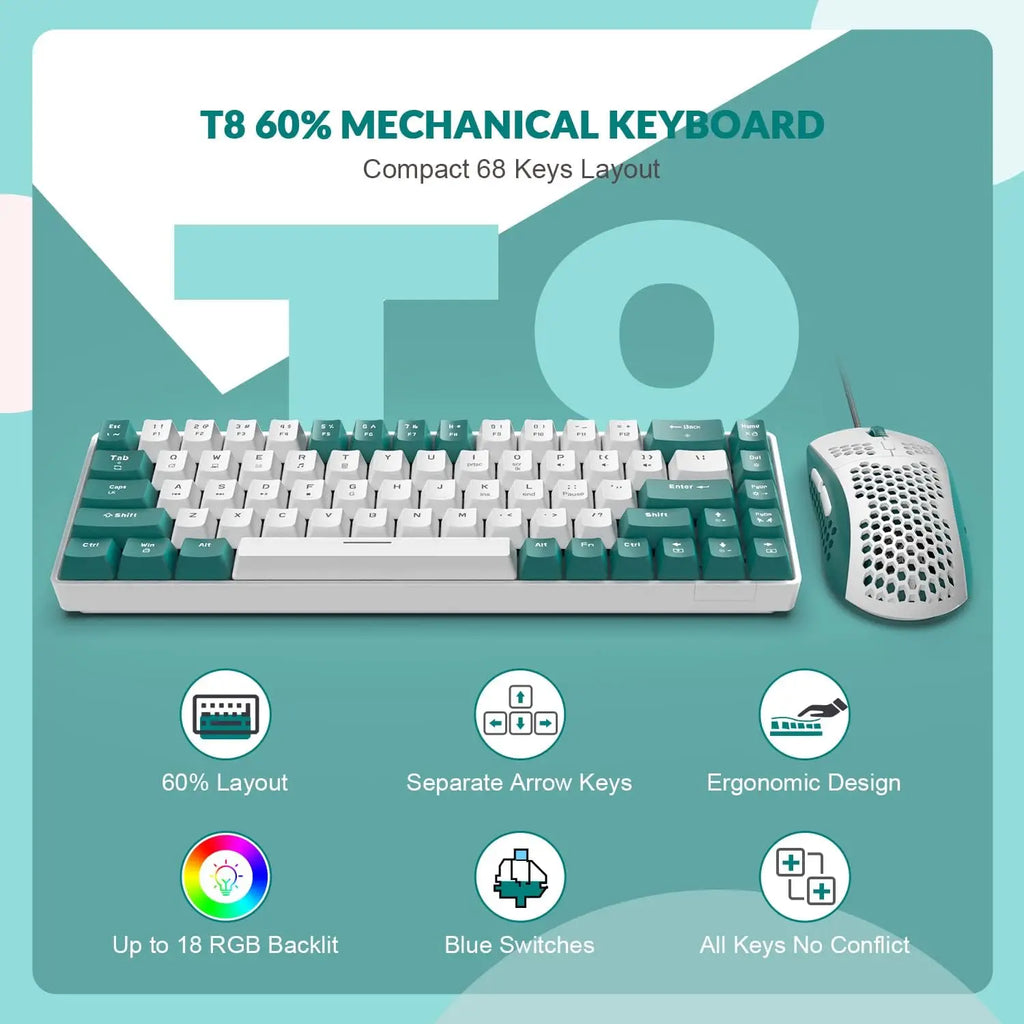 YINDIAO T8 60% RGB Gaming Keyboard and Mouse Combos+Coiled USB C Cable,Wired Mechanical Keyboard,68 Keys TKL Compact Mini Layout,Honeycomb RGB Gaming Mouse,Up to 6400DPI,for PC MAC PS5 Xbox,Green
