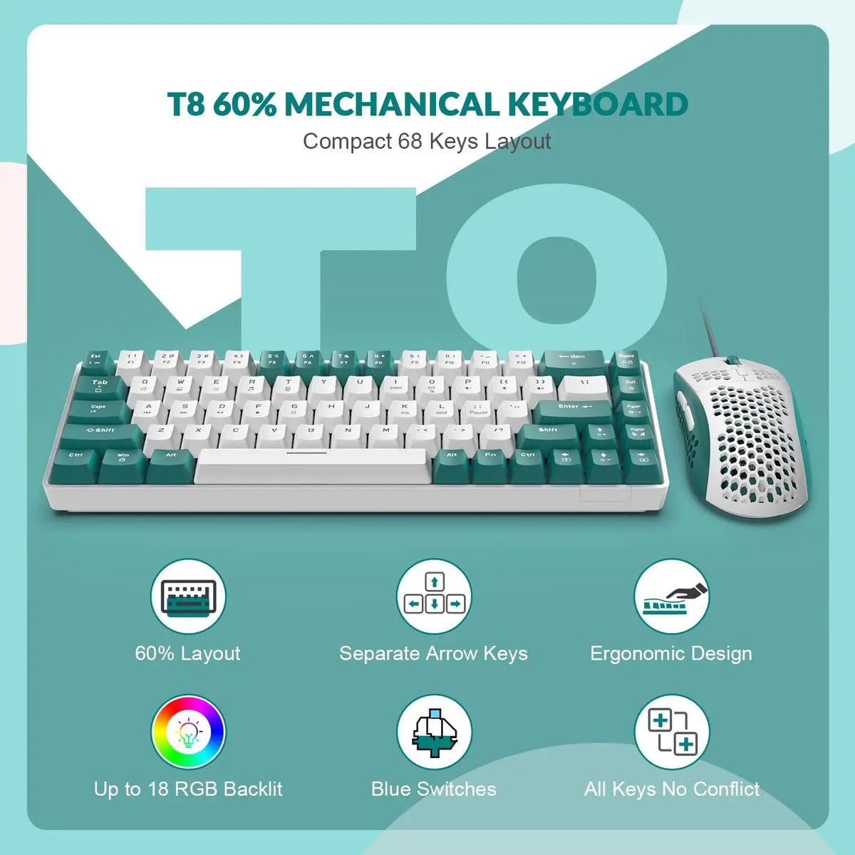 YINDIAO T8 60% RGB Gaming Keyboard and Mouse Combos+Coiled USB C Cable,Wired Mechanical Keyboard,68 Keys TKL Compact Mini Layout,Honeycomb RGB Gaming Mouse,Up to 6400DPI,for PC MAC PS5 Xbox,Green