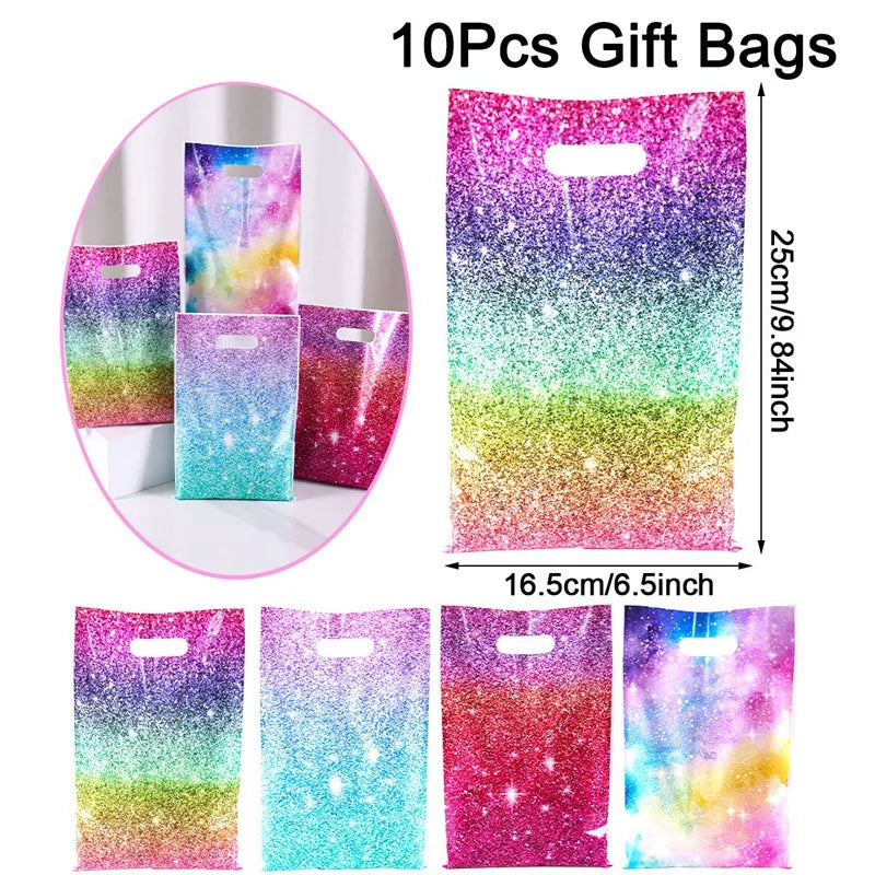 10/20/50pcs Glitter Rainbow Gradient Galaxy Plastic Handle Gift Bags Party Favor Bags for Birthday Wedding Party Decor Supplies