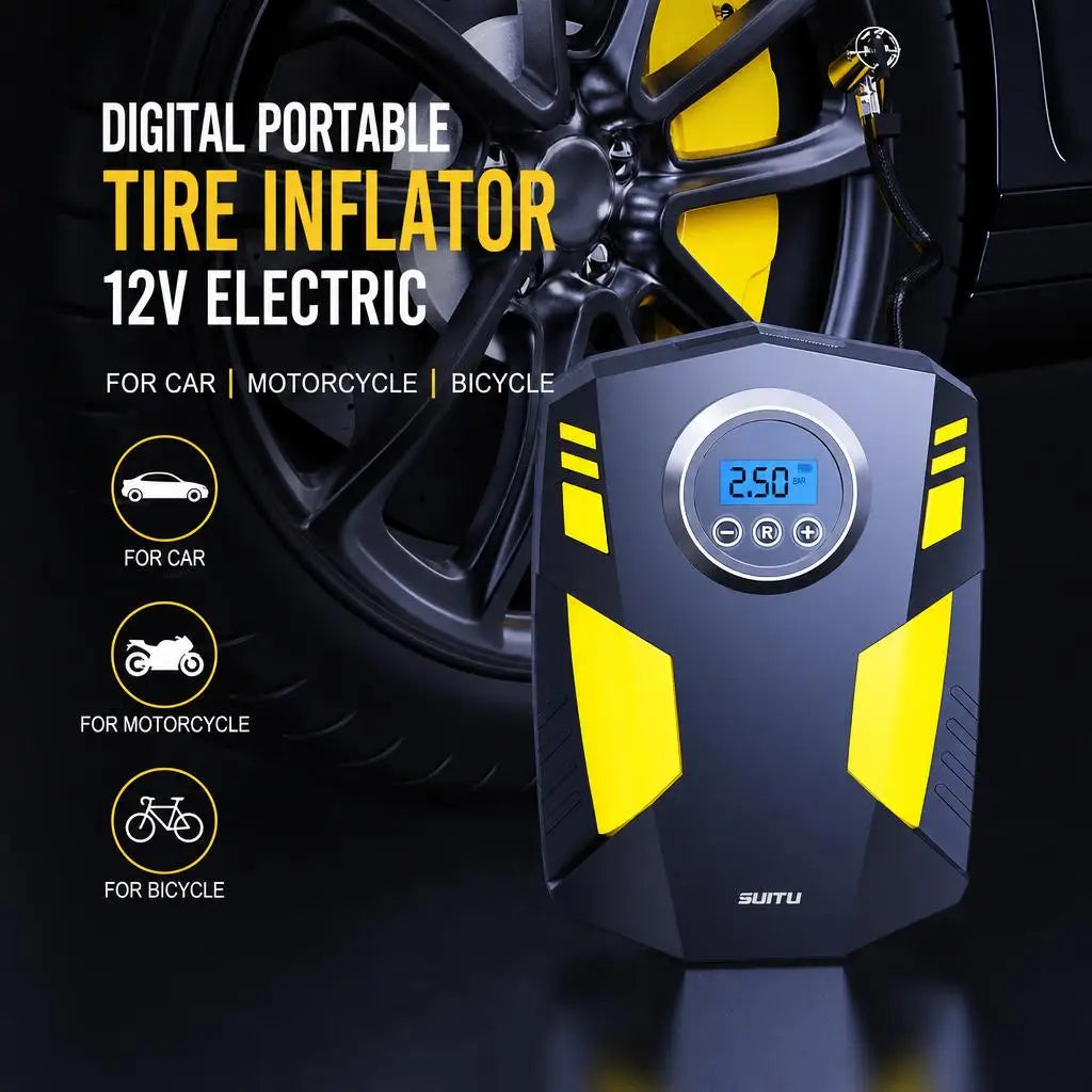 Car Tire Inflator Pump, Digital Portable Tire Air Compressor Pump, 12V Electric with LED Light, Suitable for Cars, Motorcycles, Bicycles, UK