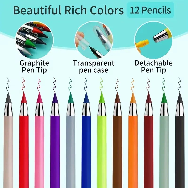 12Pcs Eternal Inkless Colored Pencils Set Never Need Sharpening 12 Vibrant Colors Reusable for Sketching Drawing School Supplies