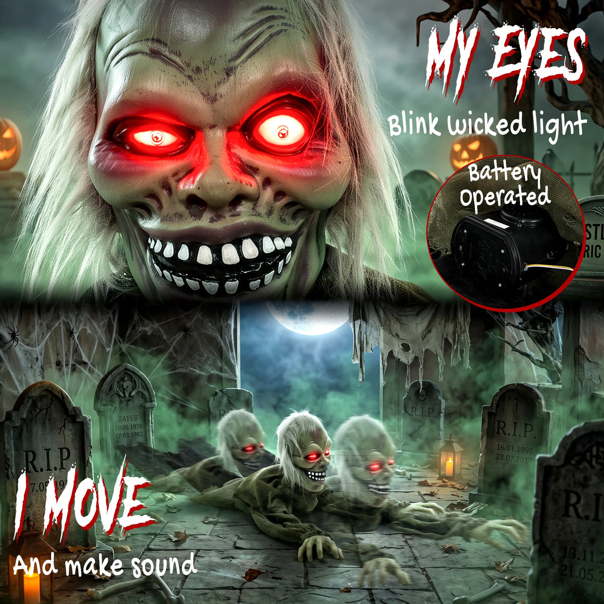 HOMCOM Animatronic Crawling Zombie with Light-Up Eyes and Creepy Sound