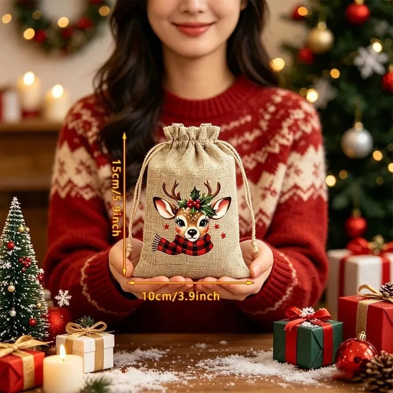 12PCS Christmas Burlap Drawstring Design Gift Bags Reusable Party Favors Gift Bags for Candy Treats Holiday Decor Gift Packaging