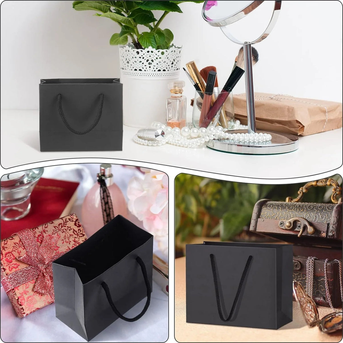 Black Paper Gift Bags with Handles Crafters Party Planners Gift Givers Perfect for Wedding Birthday Party Craft Gifting 10pcs