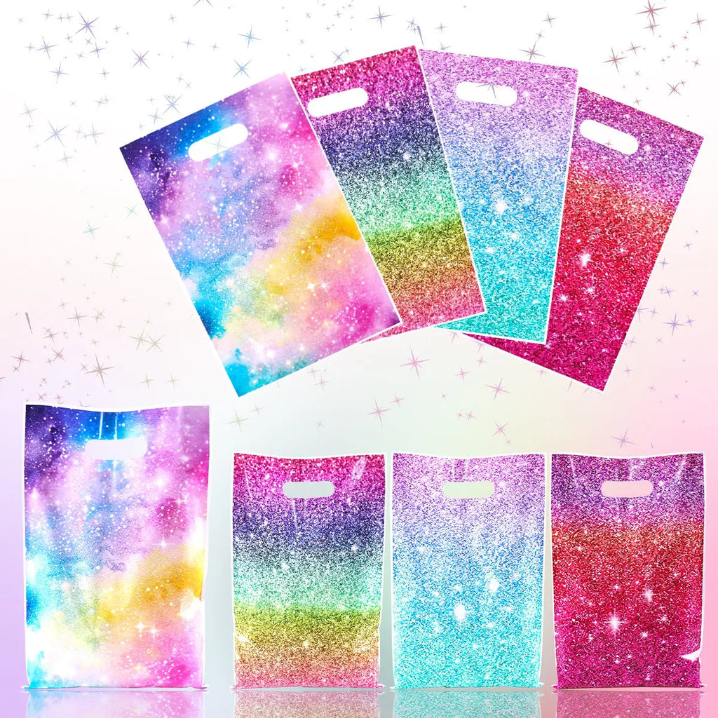 10/20/50pcs Glitter Rainbow Gradient Galaxy Plastic Handle Gift Bags Party Favor Bags for Birthday Wedding Party Decor Supplies