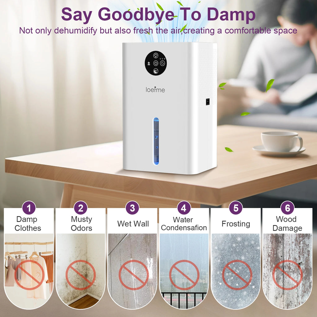 LOEFME 500ML/Day 1.8L Silent Dehumidifier Portable Mini Air Dehumidifier with Touch Display LED Light for Home Bedroom Office