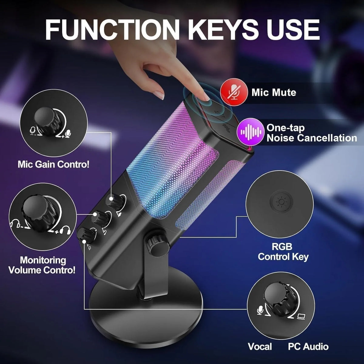 USB Gaming Microphone with Game Chat Balance,Noise Cancelling, 24bit/192kHz Computer Cardioid Condenser Mic for Streaming/Podcast/Recording with RGB,Quick Mute,Gain Knob,Monitoring-for PC/PS4/PS5/Mac