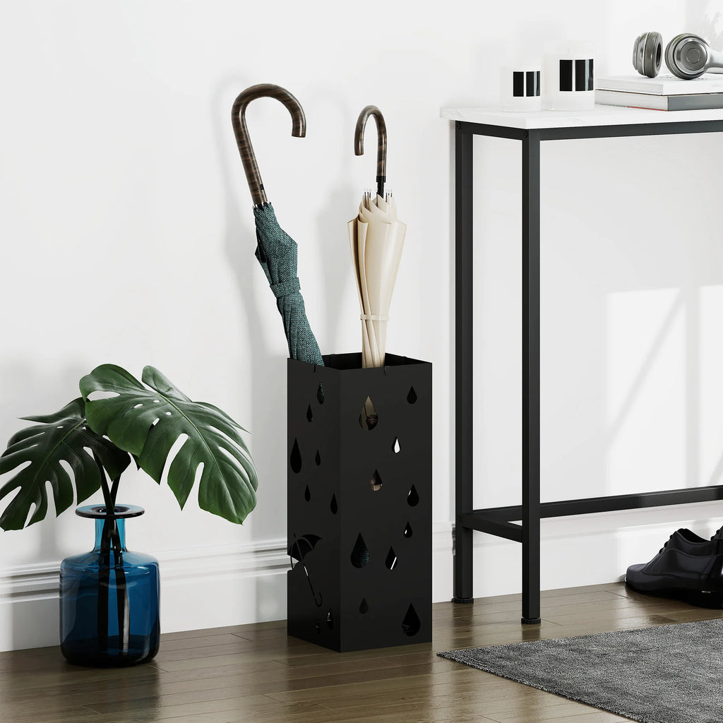 HOMCOM Square Umbrella Stand, Umbrella Holder for Hallway with 4 Hooks Drip Tray