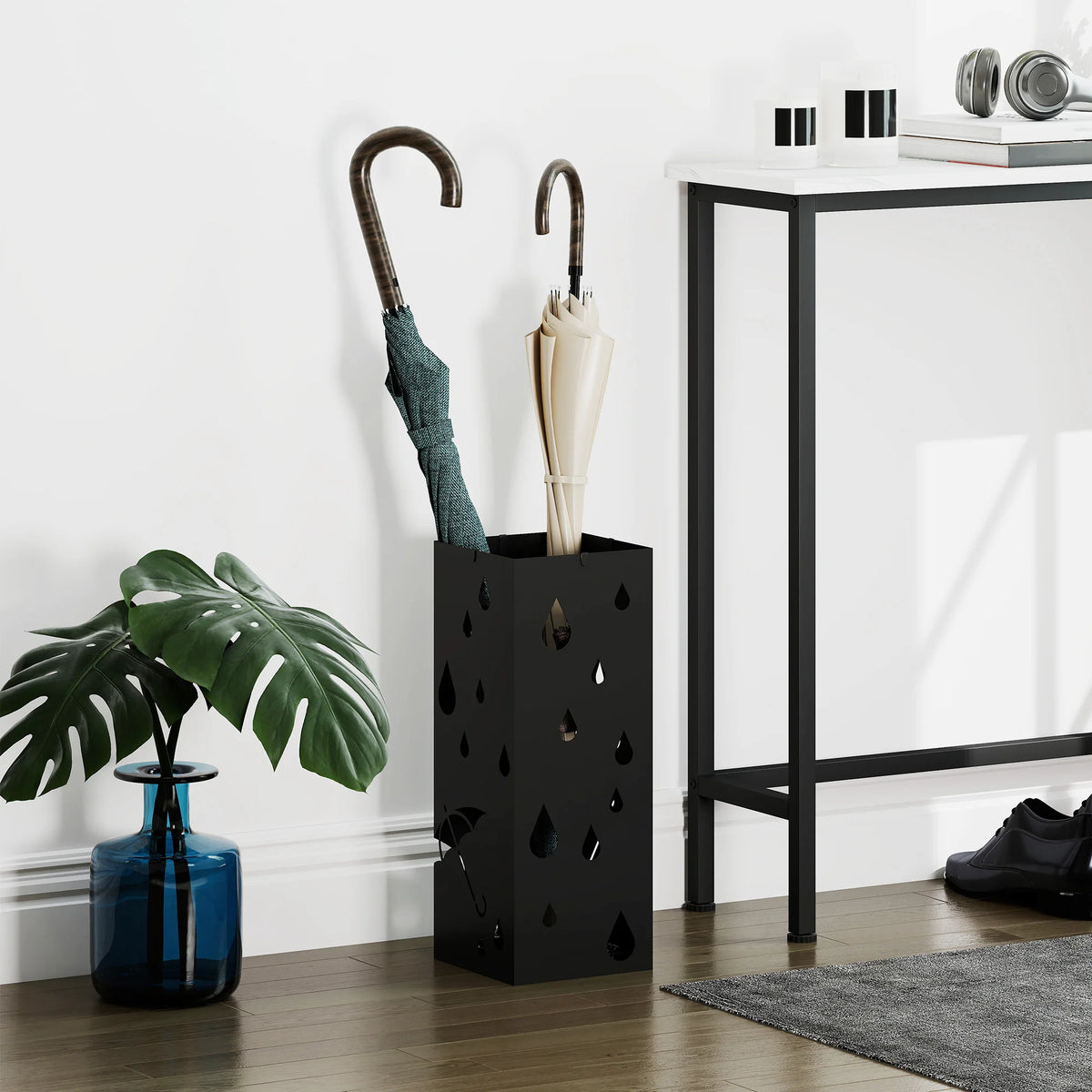 HOMCOM Square Umbrella Stand, Umbrella Holder for Hallway with 4 Hooks Drip Tray